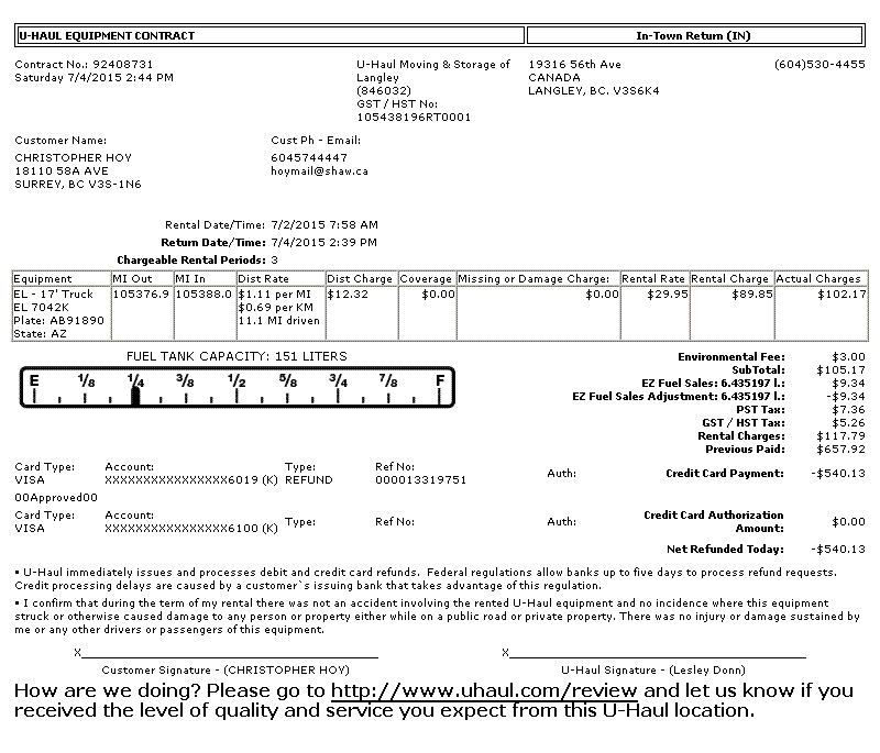 Uhaul Receipt Template